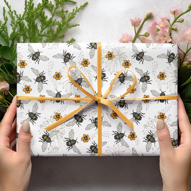 Papel De Regalo Elegante Abeja de miel, margaritas y puntos negros (Subido por el creador)