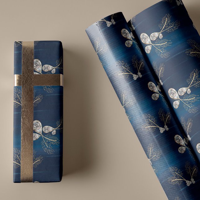 Papel De Regalo Elegante acuarela azul de la Marina Agujas de pino (Elegant Navy Blue Watercolor Pine Needles & Jewels Wrapping Paper)