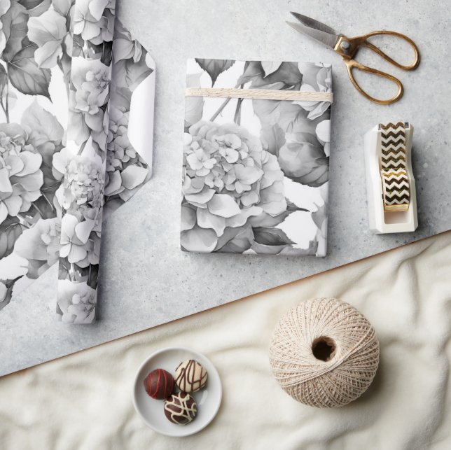 Papel De Regalo Elegante acuarela floral gris y blanco (Artesanía)
