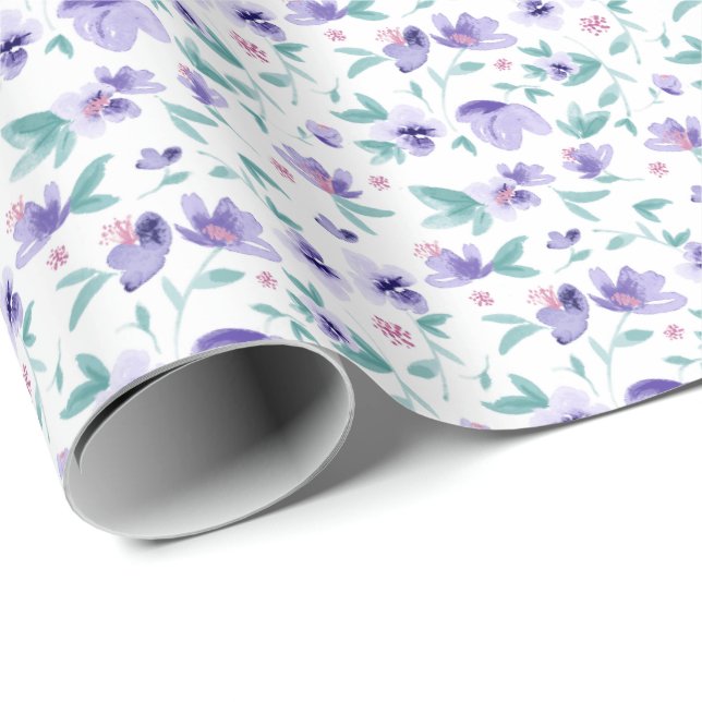 Papel De Regalo Elegante acuarela Morado Ditsy Patrón Floral (Esquina del rollo)