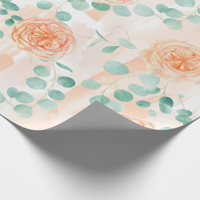 Papel De Regalo Elegante acuarela Peach Floral Verde Eucalipto (Esquina)