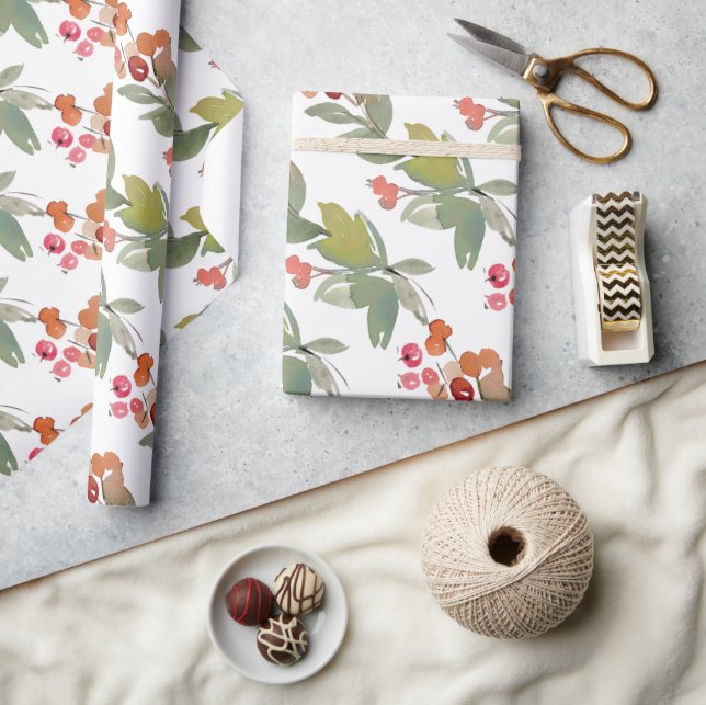 Papel De Regalo Elegante acuarela Red Berry Navidad Floral (Artesanía)