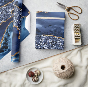 Papel De Regalo Elegante ágata oceánica azul marino y brillo dorad