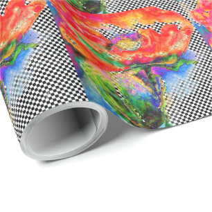 Papel De Regalo Elegante amapola roja floral acuarela a cuadros