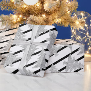 Papel De Regalo Elegante árbol de Navidad blanco negro Stripe pla