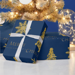Papel De Regalo Elegante árbol de Navidad copo de nieve en azul 