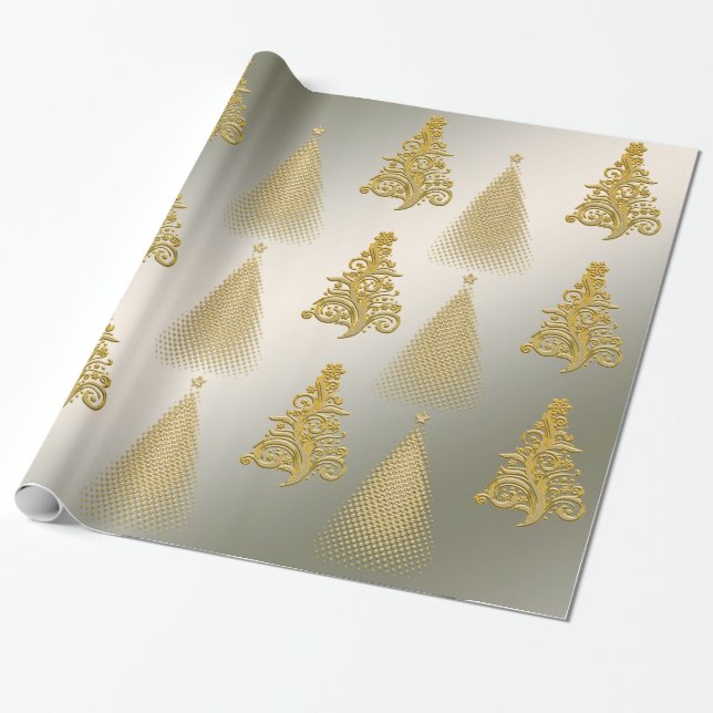 Papel De Regalo Elegante árbol de Navidad dorado y plateado (Desenrollado)