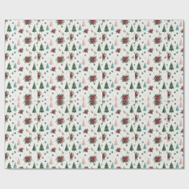 Papel De Regalo Elegante árbol de Navidad y poinsettia en acuarela