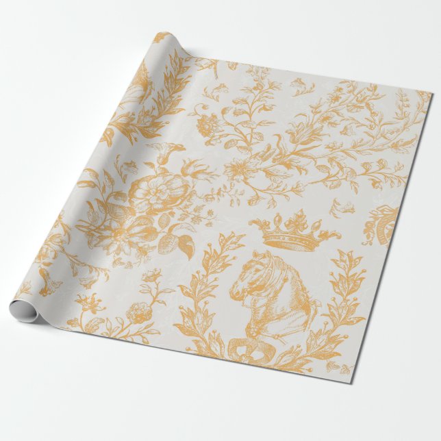 Papel De Regalo Elegante Aroma Amarillo Beige Ecuestre Floral Toil (Desenrollado)