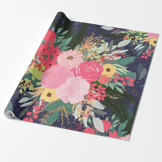 Papel De Regalo Elegante Astral Winter Floral & Gold Dots (Desenrollado)