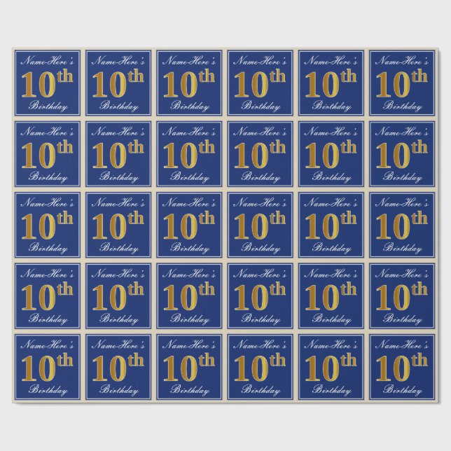 Papel De Regalo Elegante, azul, falso oro 10 cumpleaños + nombre (Superficie plana)
