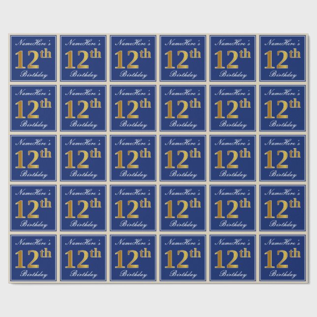 Papel De Regalo Elegante, azul, falso oro 12 cumpleaños + nombre (Superficie plana)