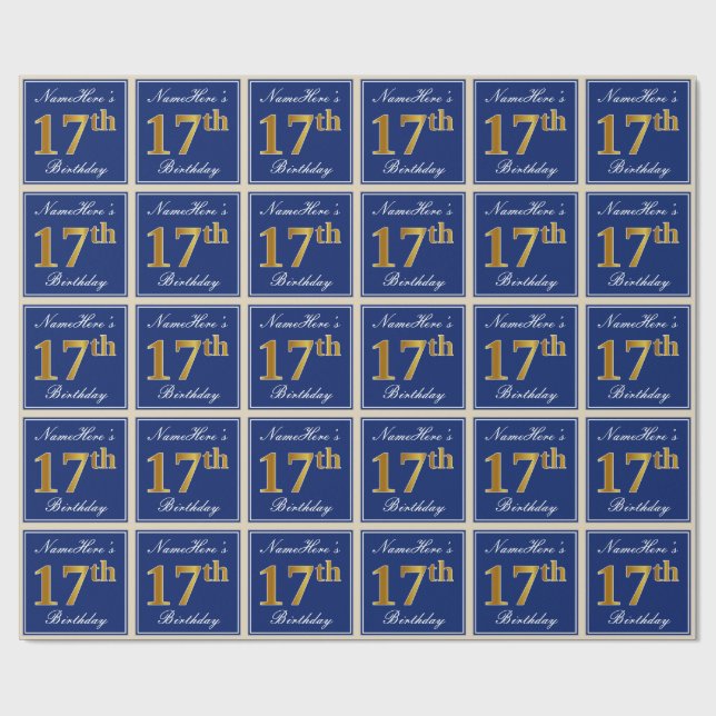 Papel De Regalo Elegante, azul, falso oro 17 cumpleaños + nombre (Superficie plana)