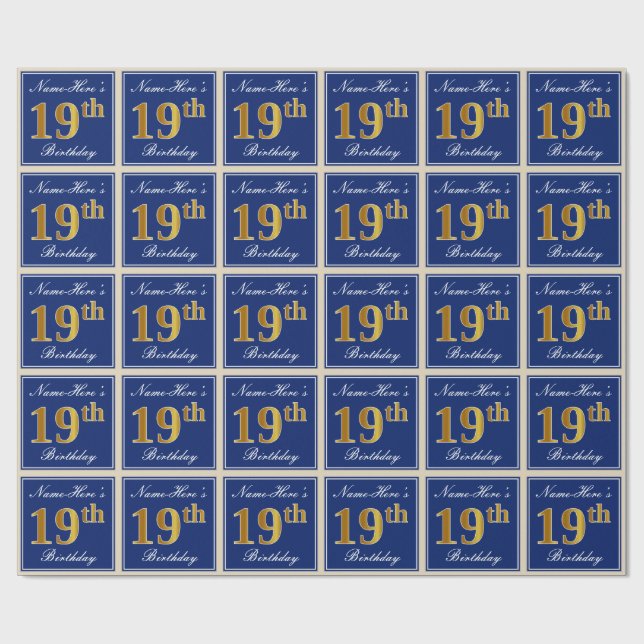 Papel De Regalo Elegante, azul, falso oro 19 cumpleaños + nombre (Superficie plana)