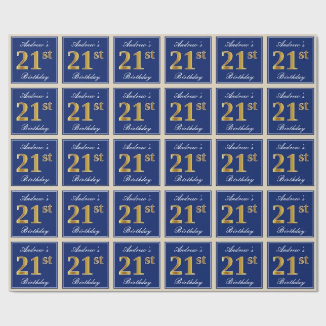 Papel De Regalo Elegante, azul, falso oro 21 cumpleaños + nombre (Superficie plana)