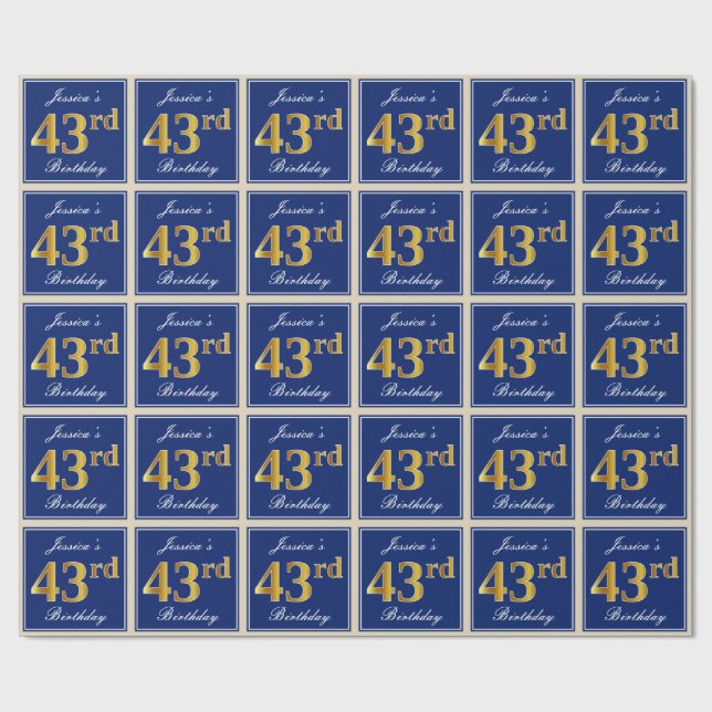 Papel De Regalo Elegante, azul, falso oro 43 cumpleaños + nombre (Superficie plana)