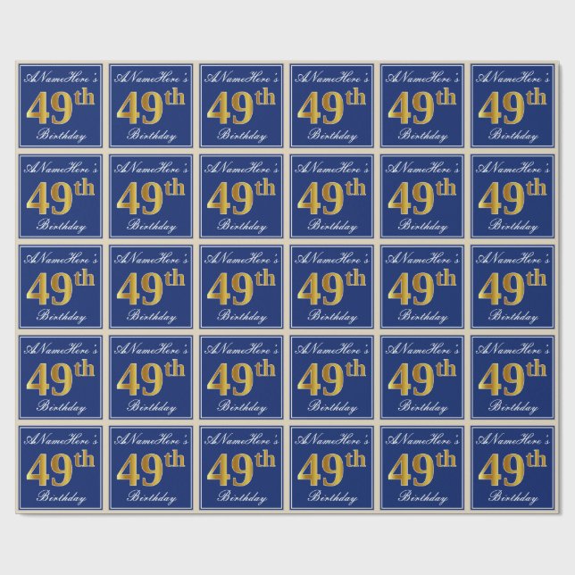Papel De Regalo Elegante, azul, falso oro 49 cumpleaños + nombre (Superficie plana)