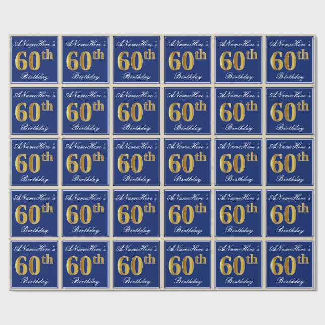 Papel De Regalo Elegante, azul, falso oro 60 cumpleaños + nombre (Superficie plana)