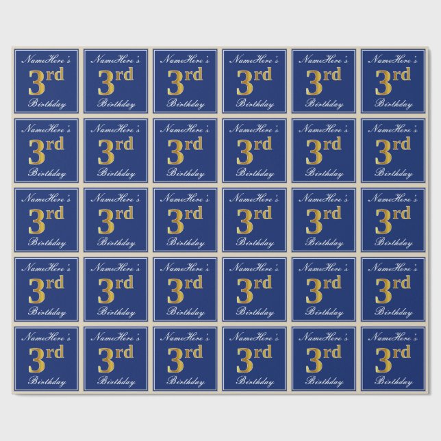 Papel De Regalo Elegante, azul, falso oro tercer cumpleaños; nombr (Superficie plana)