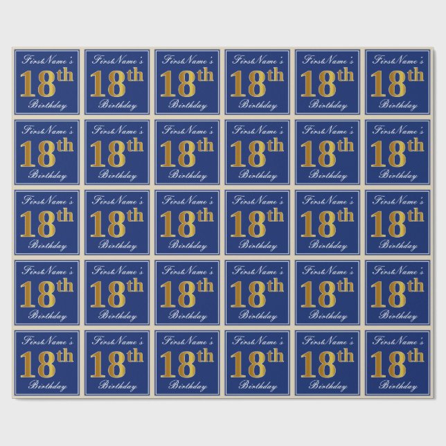 Papel De Regalo Elegante, Azul, Faux Gold 18th Birthday + Nombre (Superficie plana)