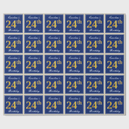 Papel De Regalo Elegante, Azul, Faux Gold 24th Birthday + Nombre