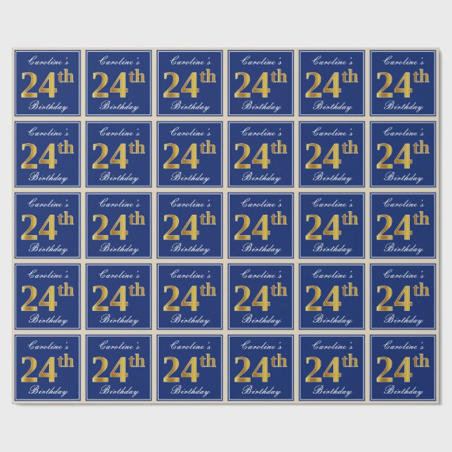 Papel De Regalo Elegante, Azul, Faux Gold 24th Birthday + Nombre (Superficie plana)