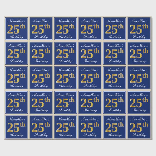 Papel De Regalo Elegante, Azul, Faux Gold 25th Birthday + Nombre (Superficie plana)