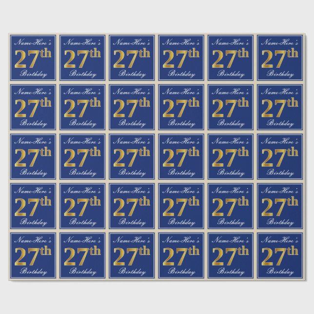 Papel De Regalo Elegante, Azul, Faux Gold 27th Birthday + Nombre (Superficie plana)
