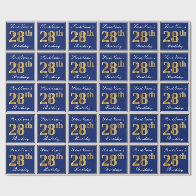 Papel De Regalo Elegante, Azul, Faux Gold 28th Birthday + Nombre (Superficie plana)