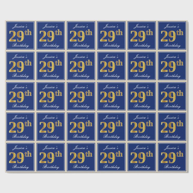 Papel De Regalo Elegante, Azul, Faux Gold 29th Birthday + Nombre (Superficie plana)