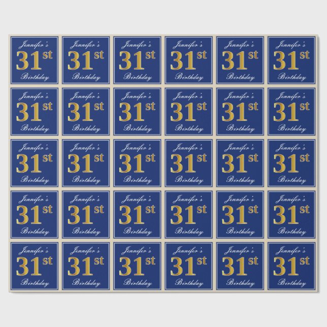 Papel De Regalo Elegante, Azul, Faux Gold 31 cumpleaños + nombre (Superficie plana)