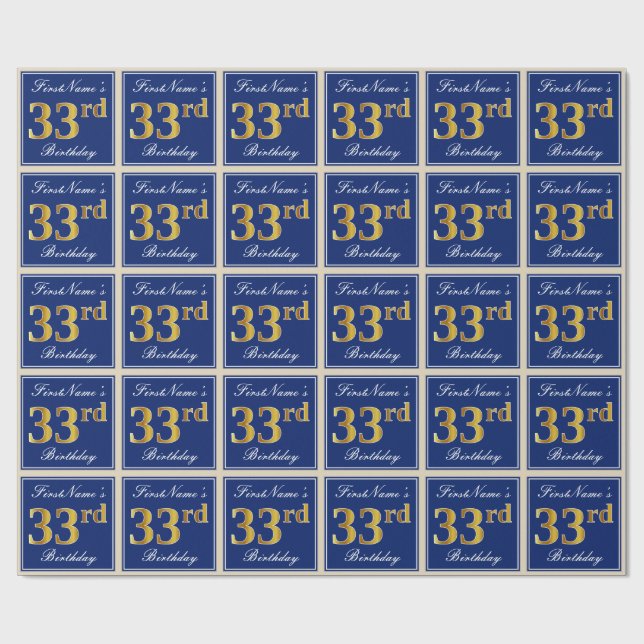 Papel De Regalo Elegante, Azul, Faux Gold 33 cumpleaños + nombre (Superficie plana)