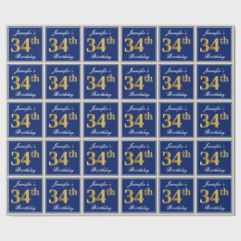 Papel De Regalo Elegante, Azul, Faux Gold 34th Birthday + Nombre
