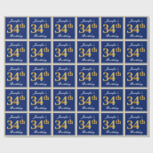 Papel De Regalo Elegante, Azul, Faux Gold 34th Birthday + Nombre