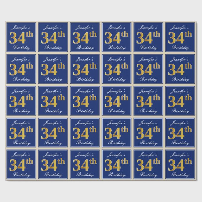 Papel De Regalo Elegante, Azul, Faux Gold 34th Birthday + Nombre (Superficie plana)