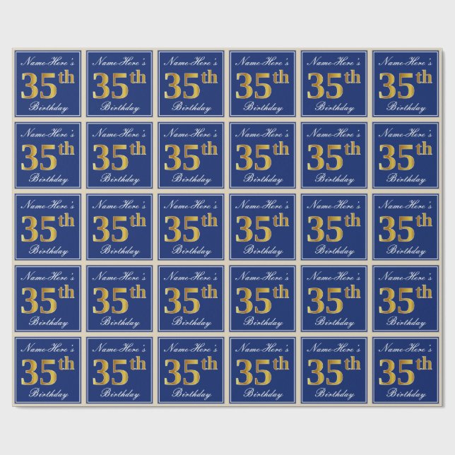 Papel De Regalo Elegante, Azul, Faux Gold 35 cumpleaños + nombre (Superficie plana)