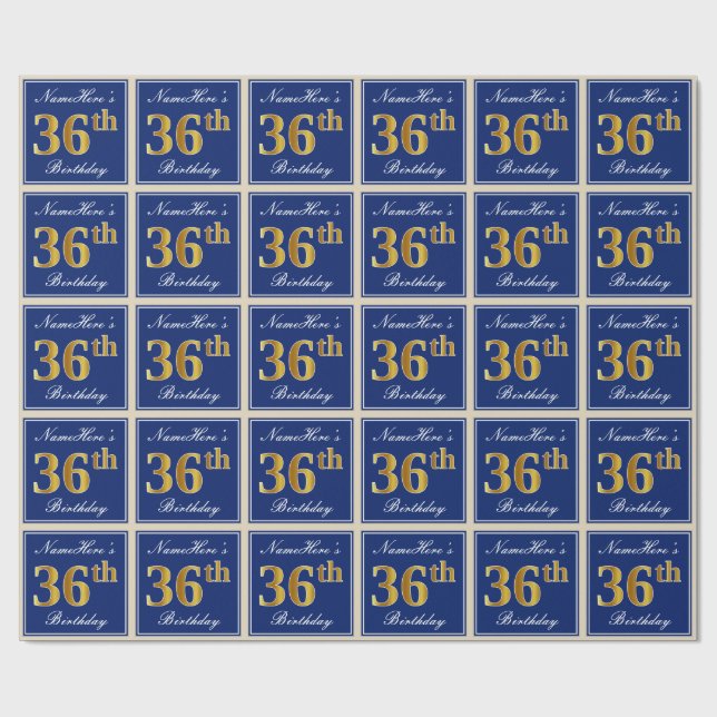 Papel De Regalo Elegante, Azul, Faux Gold 36 cumpleaños + nombre (Superficie plana)