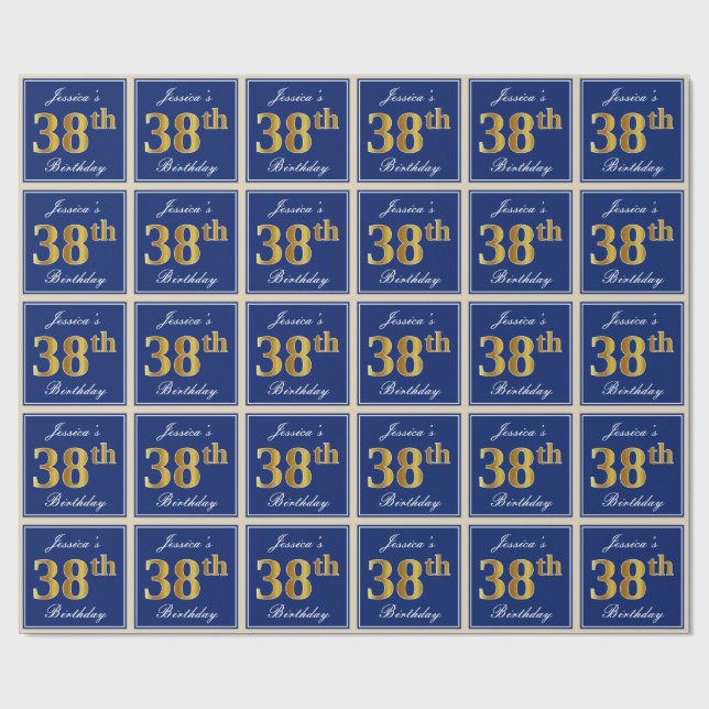 Papel De Regalo Elegante, Azul, Faux Gold 38th Birthday + Nombre (Superficie plana)