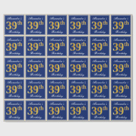Papel De Regalo Elegante, Azul, Faux Gold 39th Birthday + Nombre