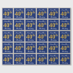 Papel De Regalo Elegante, Azul, Faux Gold 40 cumpleaños + Nombre
