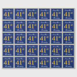 Papel De Regalo Elegante, Azul, Faux Gold 41st Birthday + Nombre