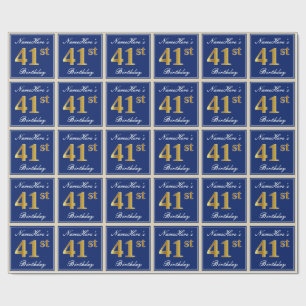 Papel De Regalo Elegante, Azul, Faux Gold 41st Birthday + Nombre