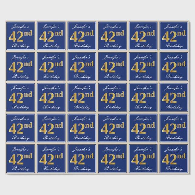 Papel De Regalo Elegante, Azul, Faux Gold 42º cumpleaños + Nombre (Superficie plana)