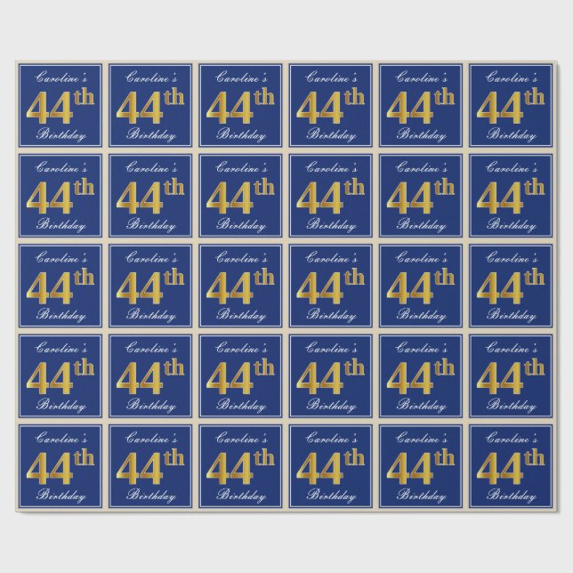 Papel De Regalo Elegante, Azul, Faux Gold 44th Birthday + Nombre (Superficie plana)