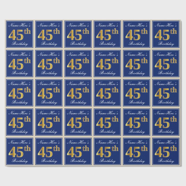 Papel De Regalo Elegante, Azul, Faux Gold 45th Birthday + Nombre (Superficie plana)