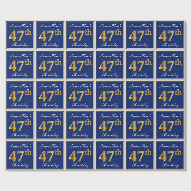 Papel De Regalo Elegante, Azul, Faux Gold 47th Birthday + Nombre (Superficie plana)