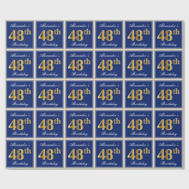 Papel De Regalo Elegante, Azul, Faux Gold 48th Birthday + Nombre (Superficie plana)