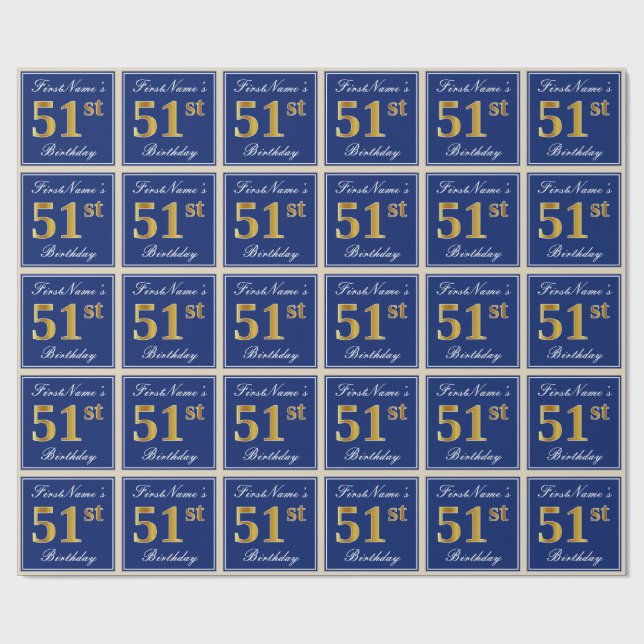 Papel De Regalo Elegante, Azul, Faux Gold 51st Birthday + Nombre (Superficie plana)
