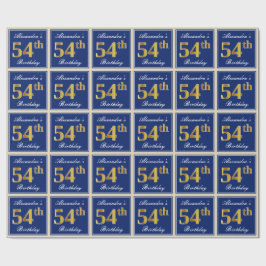 Papel De Regalo Elegante, Azul, Faux Gold 54th Birthday + Nombre