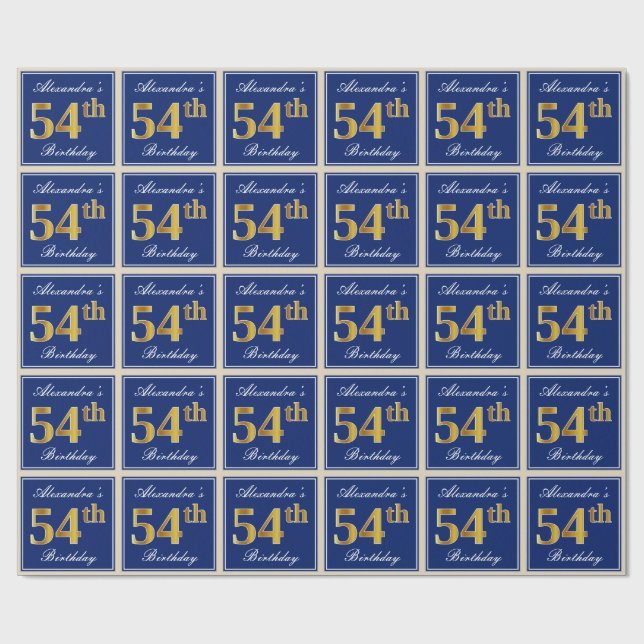 Papel De Regalo Elegante, Azul, Faux Gold 54th Birthday + Nombre (Superficie plana)